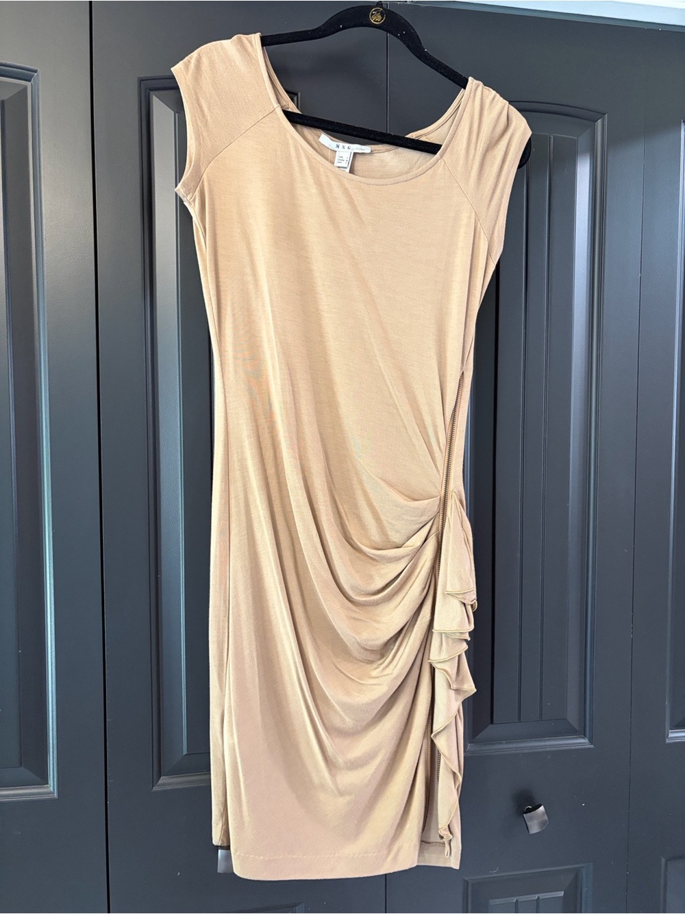 NWT MNG brand Ruched Side Zip Midi Dress in Beige